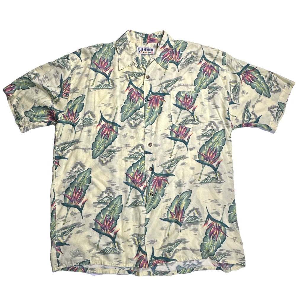 Vintage Club Newport‎ Yellow Hawaiian Camp Button Up Shirt Men Size XL Floral